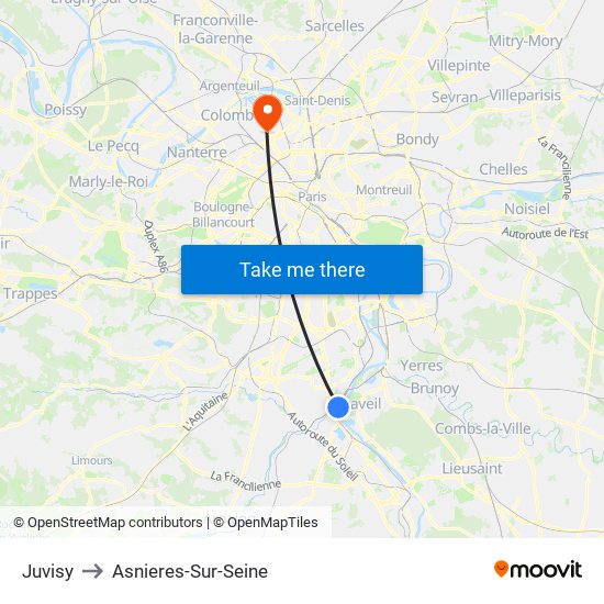 Juvisy to Asnieres-Sur-Seine map