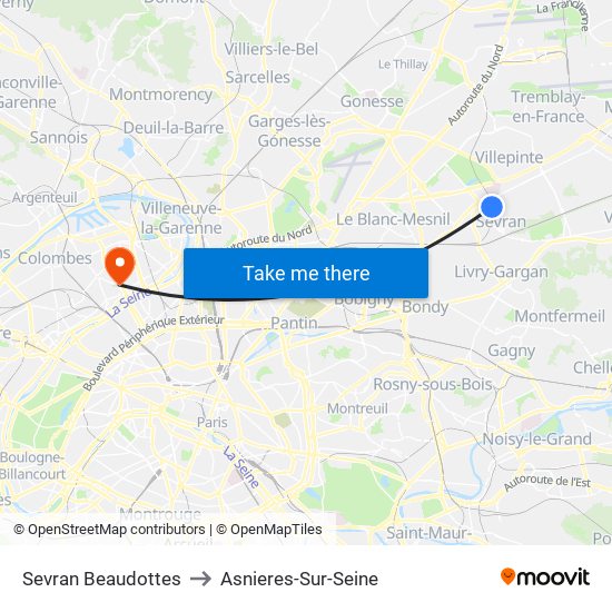 Sevran Beaudottes to Asnieres-Sur-Seine map