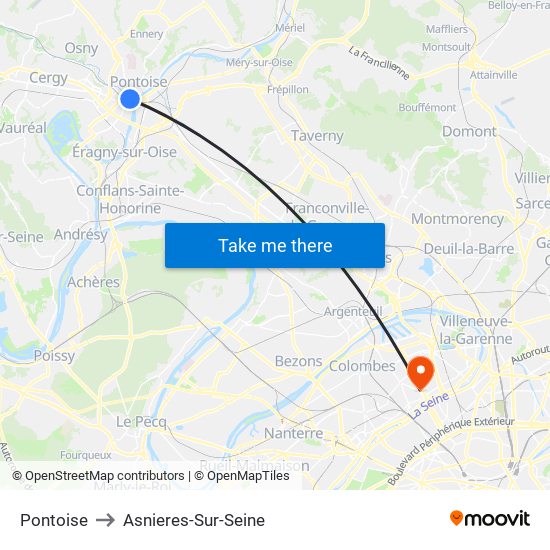 Pontoise to Asnieres-Sur-Seine map