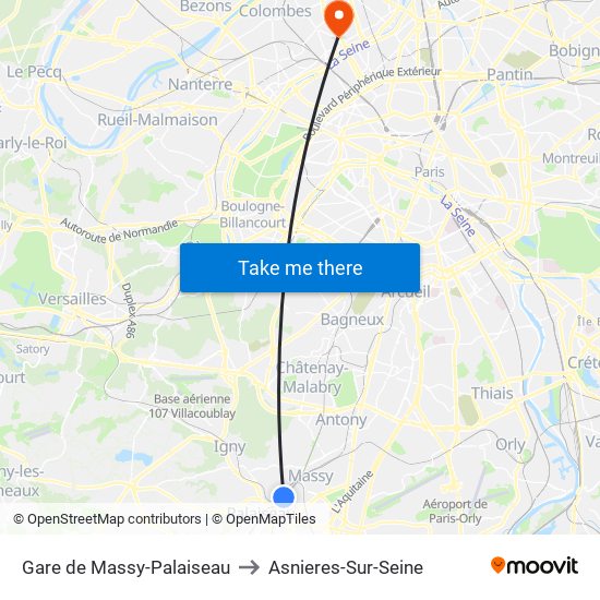 Gare de Massy-Palaiseau to Asnieres-Sur-Seine map