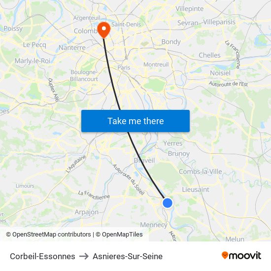 Corbeil-Essonnes to Asnieres-Sur-Seine map
