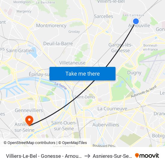 Villiers-Le-Bel - Gonesse - Arnouville to Asnieres-Sur-Seine map