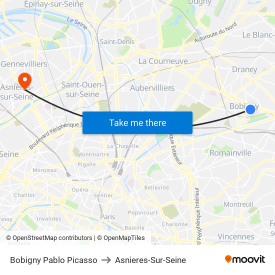 Bobigny Pablo Picasso to Asnieres-Sur-Seine map