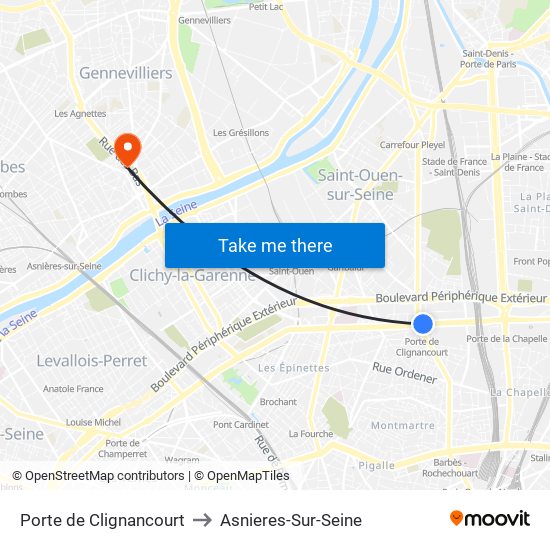 Porte de Clignancourt to Asnieres-Sur-Seine map