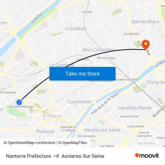 Nanterre Préfecture to Asnieres-Sur-Seine map