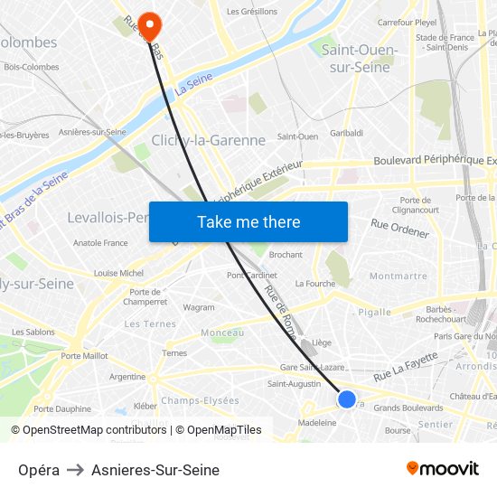 Opéra to Asnieres-Sur-Seine map