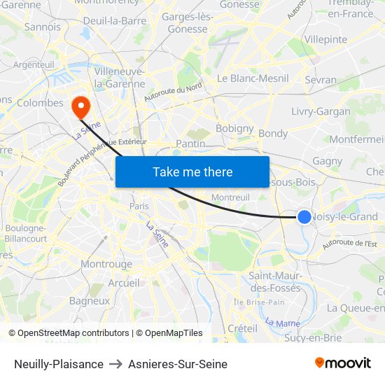 Neuilly-Plaisance to Asnieres-Sur-Seine map