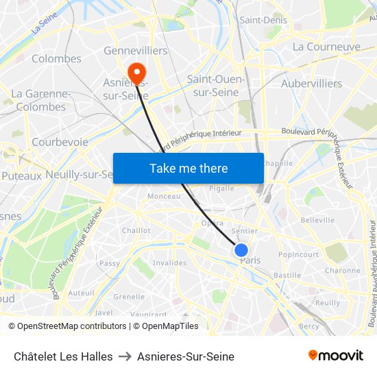 Châtelet Les Halles to Asnieres-Sur-Seine map