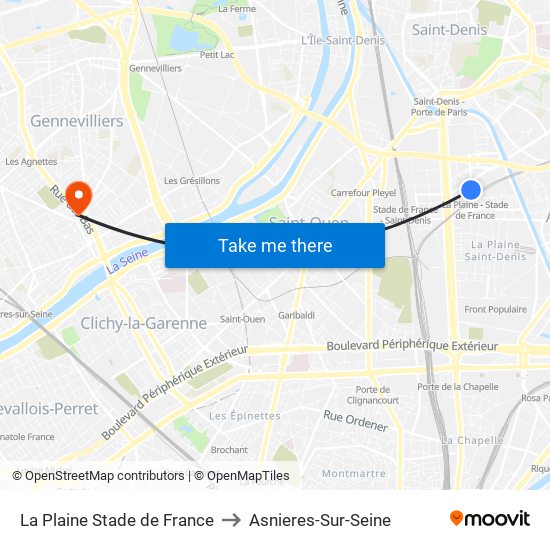 La Plaine Stade de France to Asnieres-Sur-Seine map