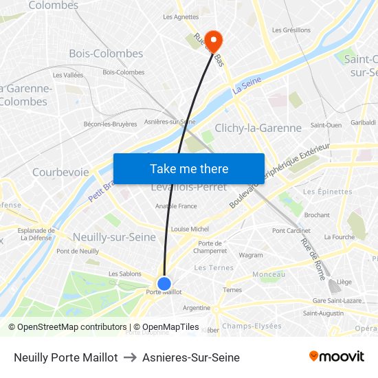 Neuilly Porte Maillot to Asnieres-Sur-Seine map
