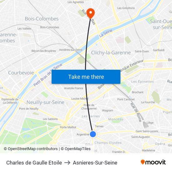 Charles de Gaulle Etoile to Asnieres-Sur-Seine map