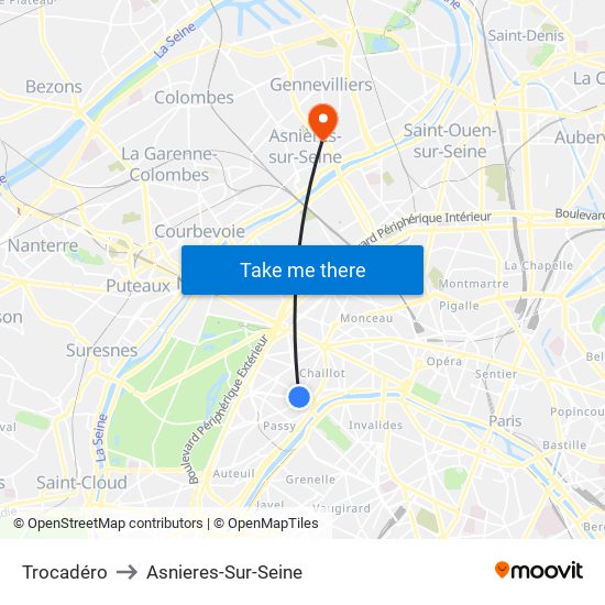 Trocadéro to Asnieres-Sur-Seine map