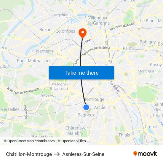 Châtillon-Montrouge to Asnieres-Sur-Seine map