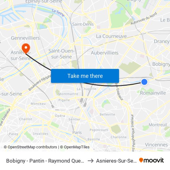 Bobigny - Pantin - Raymond Queneau to Asnieres-Sur-Seine map