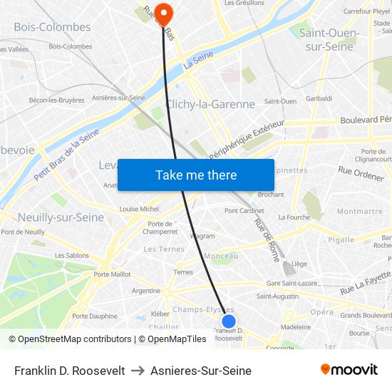 Franklin D. Roosevelt to Asnieres-Sur-Seine map
