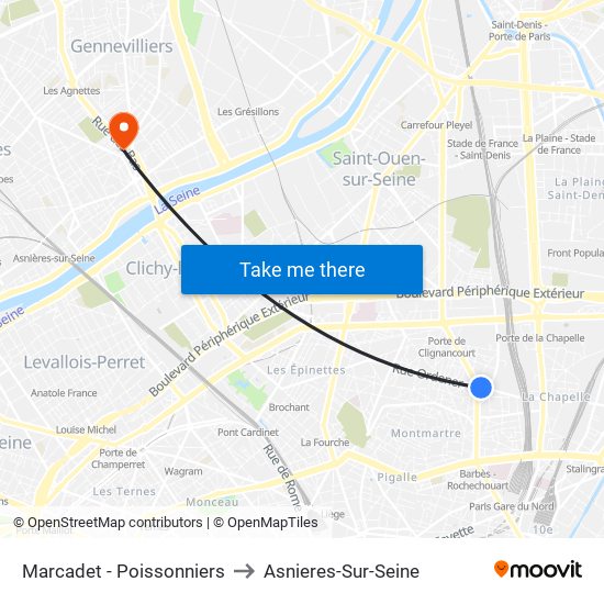 Marcadet - Poissonniers to Asnieres-Sur-Seine map