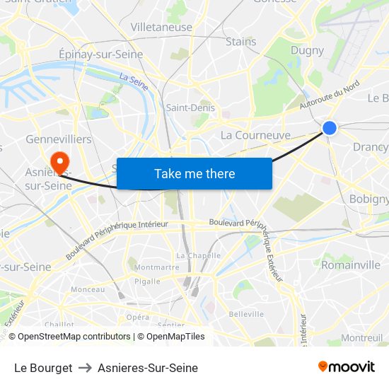 Le Bourget to Asnieres-Sur-Seine map