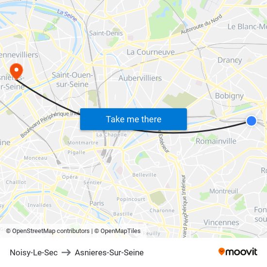 Noisy-Le-Sec to Asnieres-Sur-Seine map