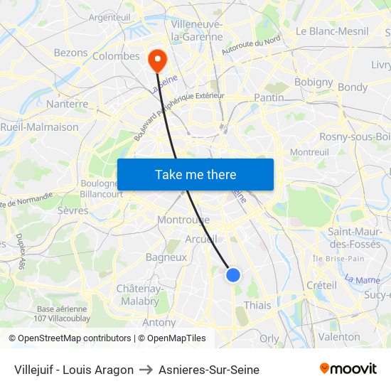 Villejuif - Louis Aragon to Asnieres-Sur-Seine map
