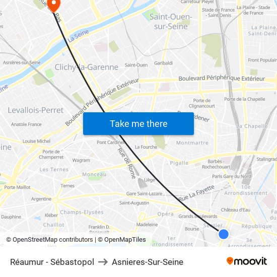 Réaumur - Sébastopol to Asnieres-Sur-Seine map