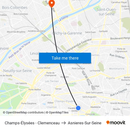 Champs-Élysées - Clemenceau to Asnieres-Sur-Seine map