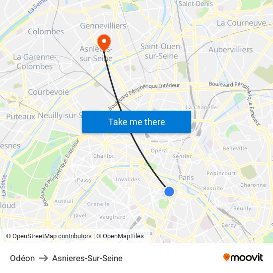 Odéon to Asnieres-Sur-Seine map
