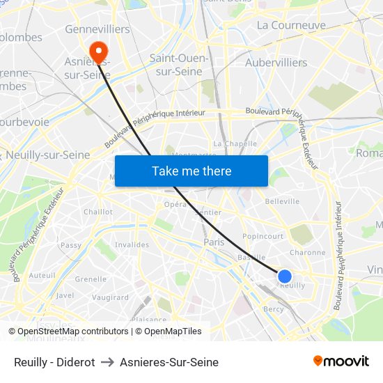 Reuilly - Diderot to Asnieres-Sur-Seine map