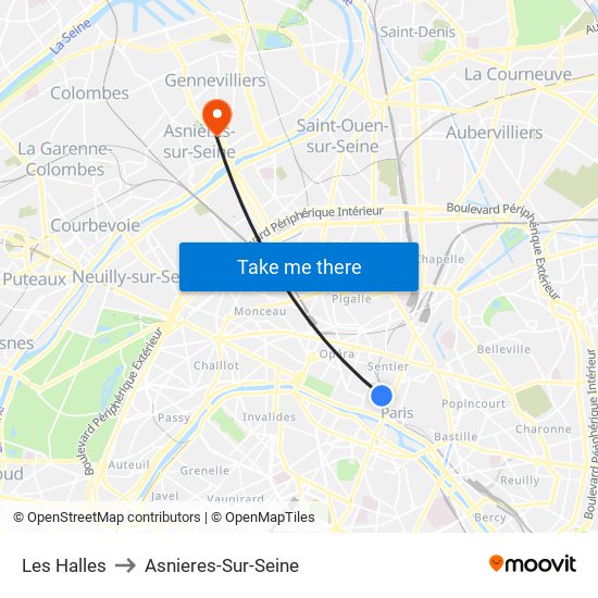 Les Halles to Asnieres-Sur-Seine map