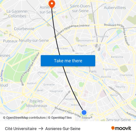 Cité Universitaire to Asnieres-Sur-Seine map