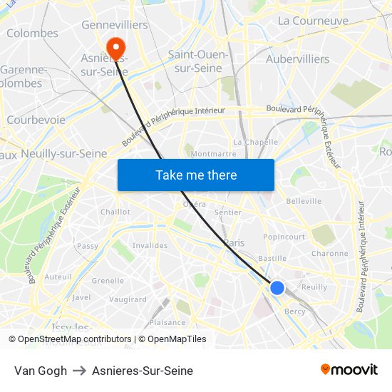 Van Gogh to Asnieres-Sur-Seine map