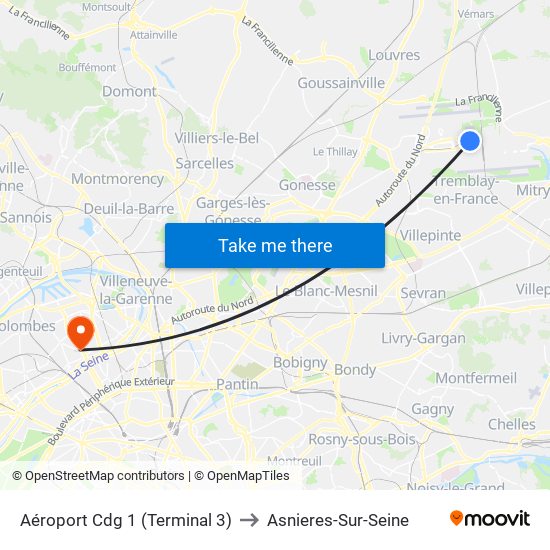 Aéroport Cdg 1 (Terminal 3) to Asnieres-Sur-Seine map