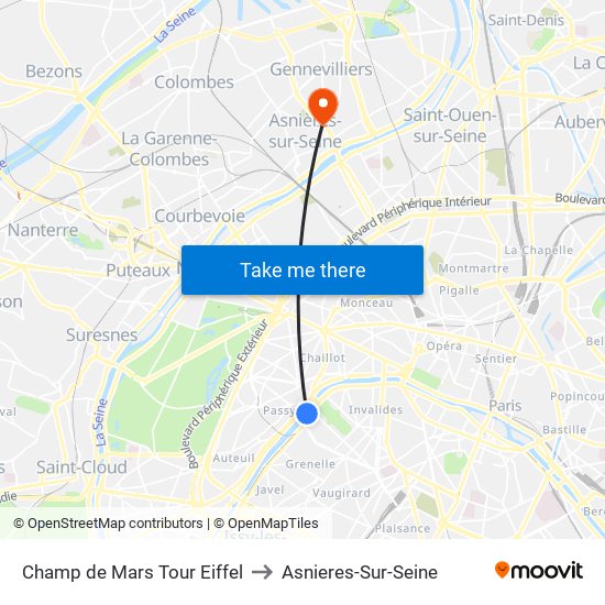 Champ de Mars Tour Eiffel to Asnieres-Sur-Seine map