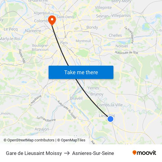 Gare de Lieusaint Moissy to Asnieres-Sur-Seine map