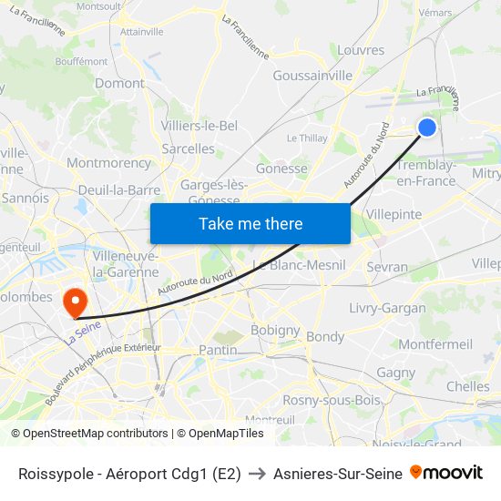 Roissypole - Aéroport Cdg1 (E2) to Asnieres-Sur-Seine map