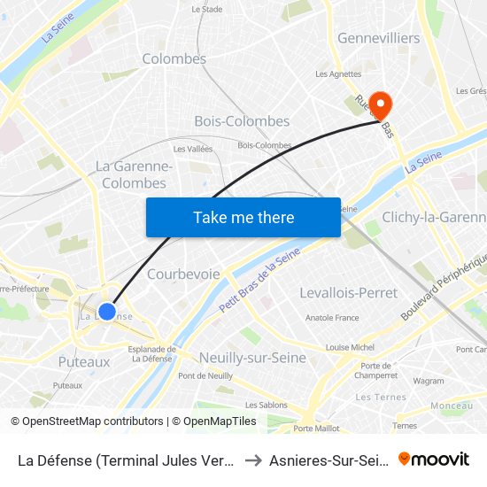 La Défense (Terminal Jules Verne) to Asnieres-Sur-Seine map