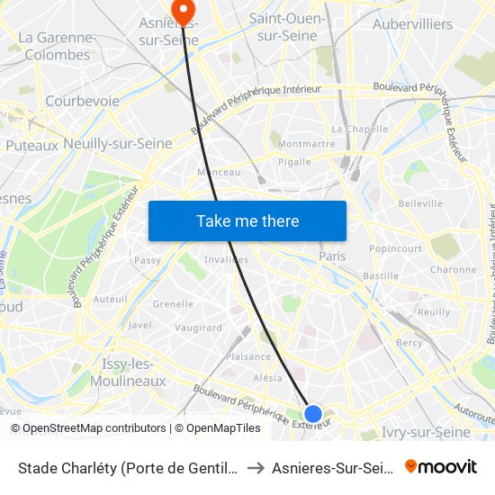 Stade Charléty (Porte de Gentilly) to Asnieres-Sur-Seine map