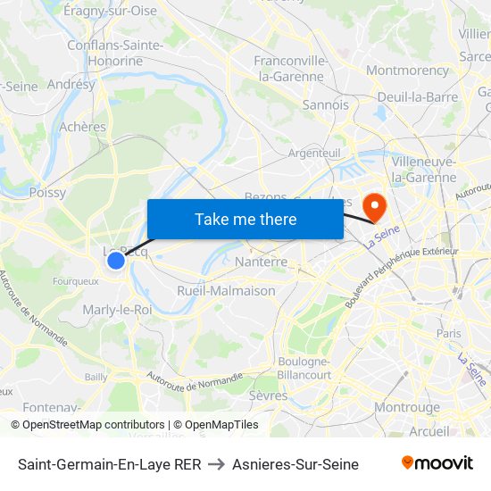 Saint-Germain-En-Laye RER to Asnieres-Sur-Seine map