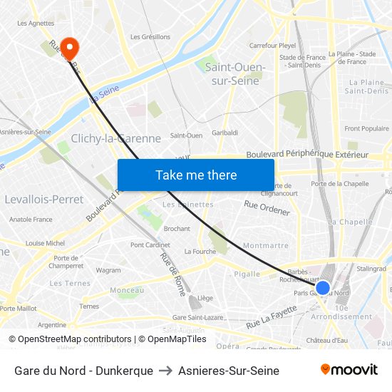 Gare du Nord - Dunkerque to Asnieres-Sur-Seine map