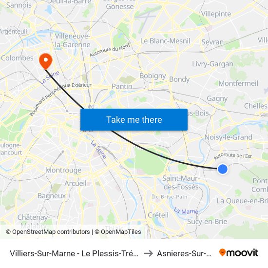 Villiers-Sur-Marne - Le Plessis-Trévise RER to Asnieres-Sur-Seine map