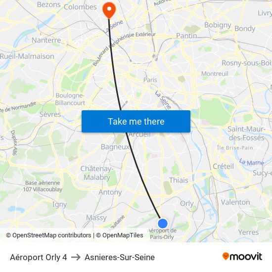 Aéroport Orly 4 to Asnieres-Sur-Seine map