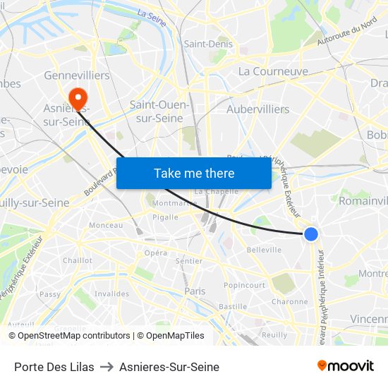 Porte Des Lilas to Asnieres-Sur-Seine map