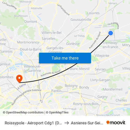 Roissypole - Aéroport Cdg1 (D1) to Asnieres-Sur-Seine map