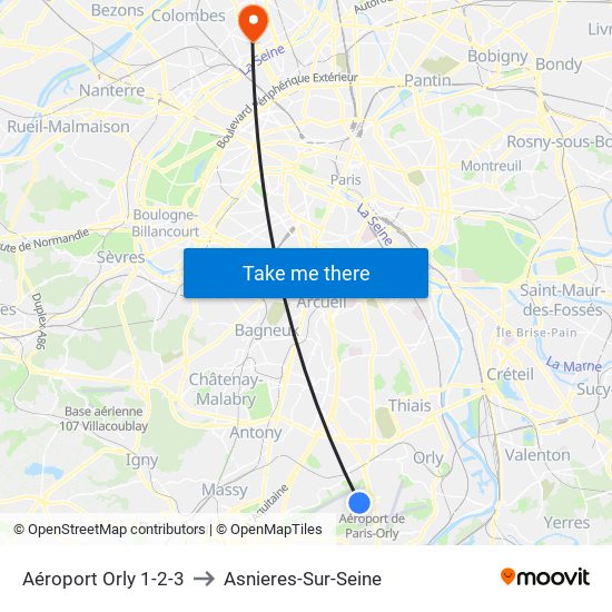 Aéroport Orly 1-2-3 to Asnieres-Sur-Seine map