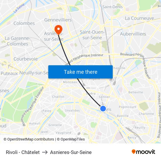 Rivoli - Châtelet to Asnieres-Sur-Seine map