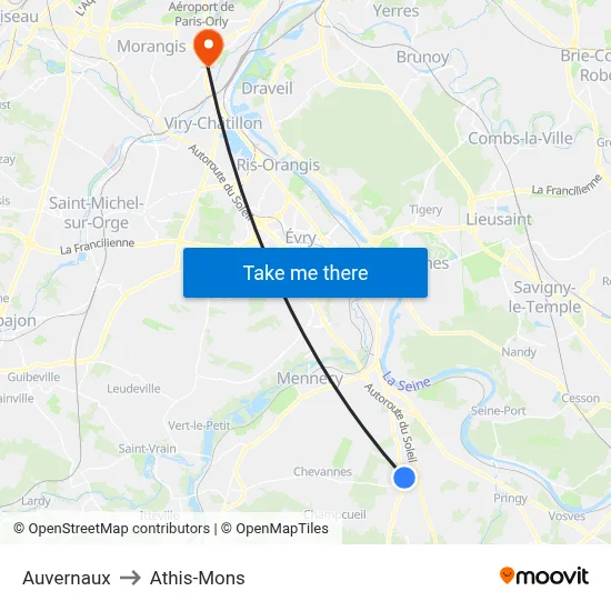 Auvernaux to Athis-Mons map
