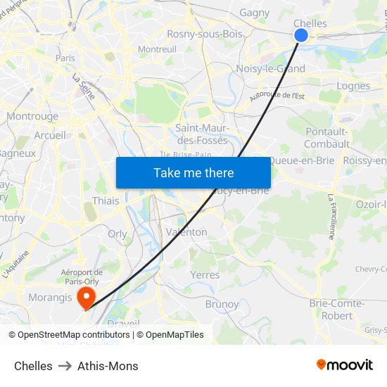 Chelles to Athis-Mons map