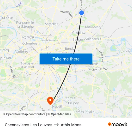 Chennevieres-Les-Louvres to Athis-Mons map