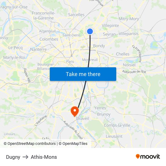 Dugny to Athis-Mons map