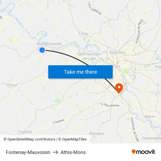 Fontenay-Mauvoisin to Athis-Mons map