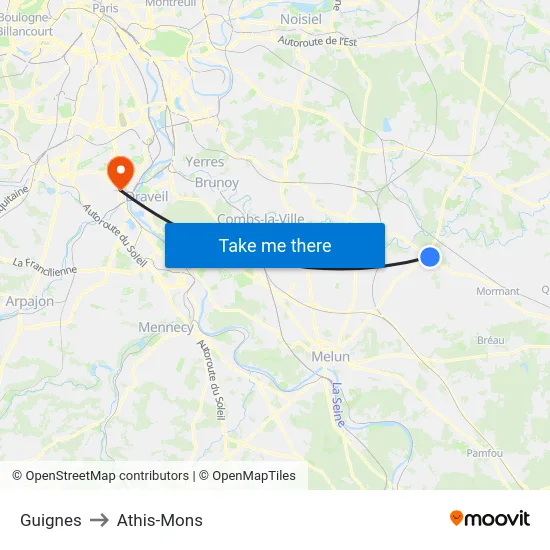 Guignes to Athis-Mons map